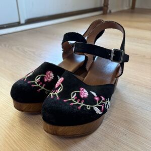 Boho Embroidered Black Suede Platform Slingback Clogs